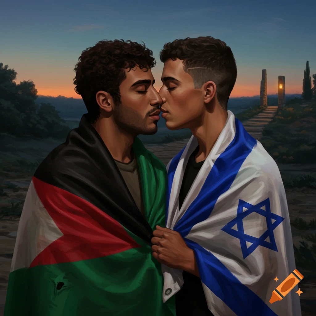 Two men, one wrapped in a Palestinian flag and the other in an Israeli flag, are about to kiss at sunset.