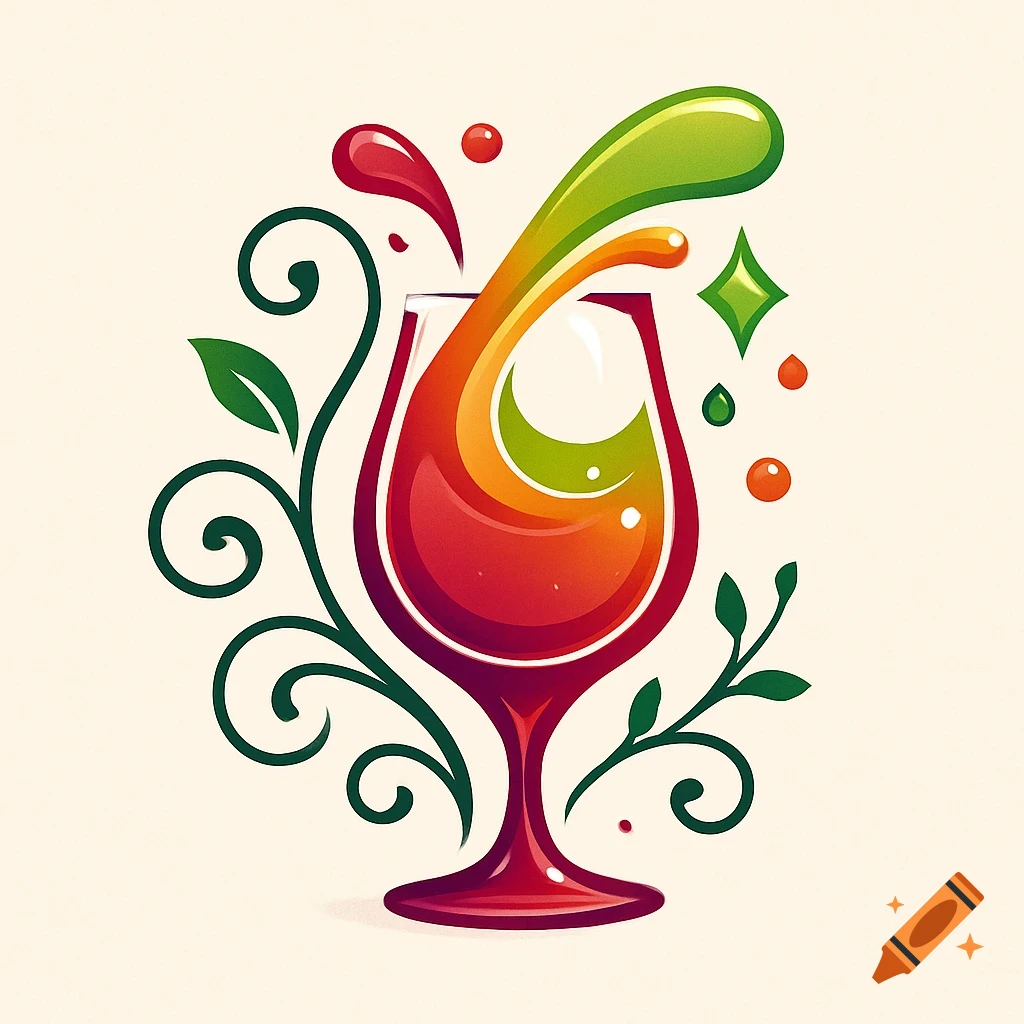 Stylized logo of a colorful liquid splashing out of a wine glass, with green floral swirls on a light background.