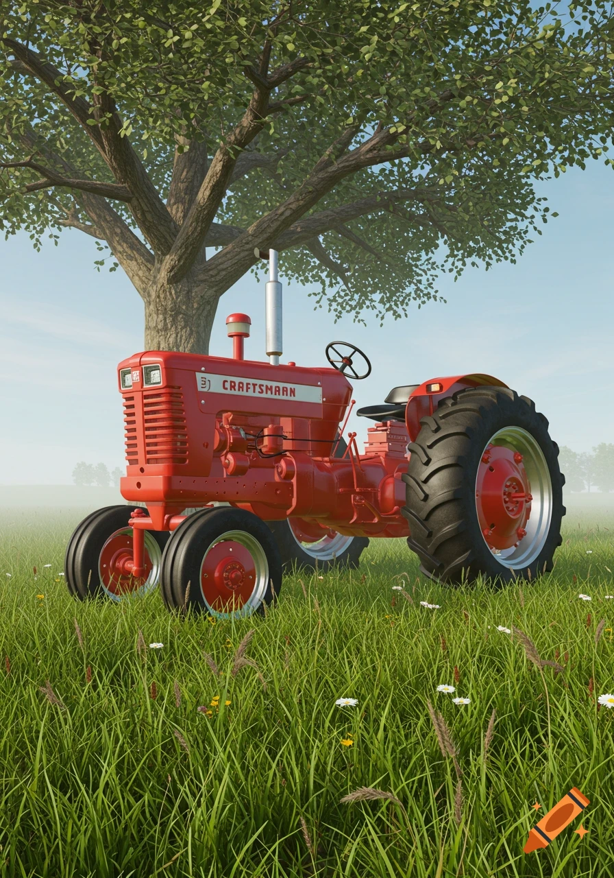 A red vintage tractor parked in a lush green field beneath a large leafy tree under a clear sky.