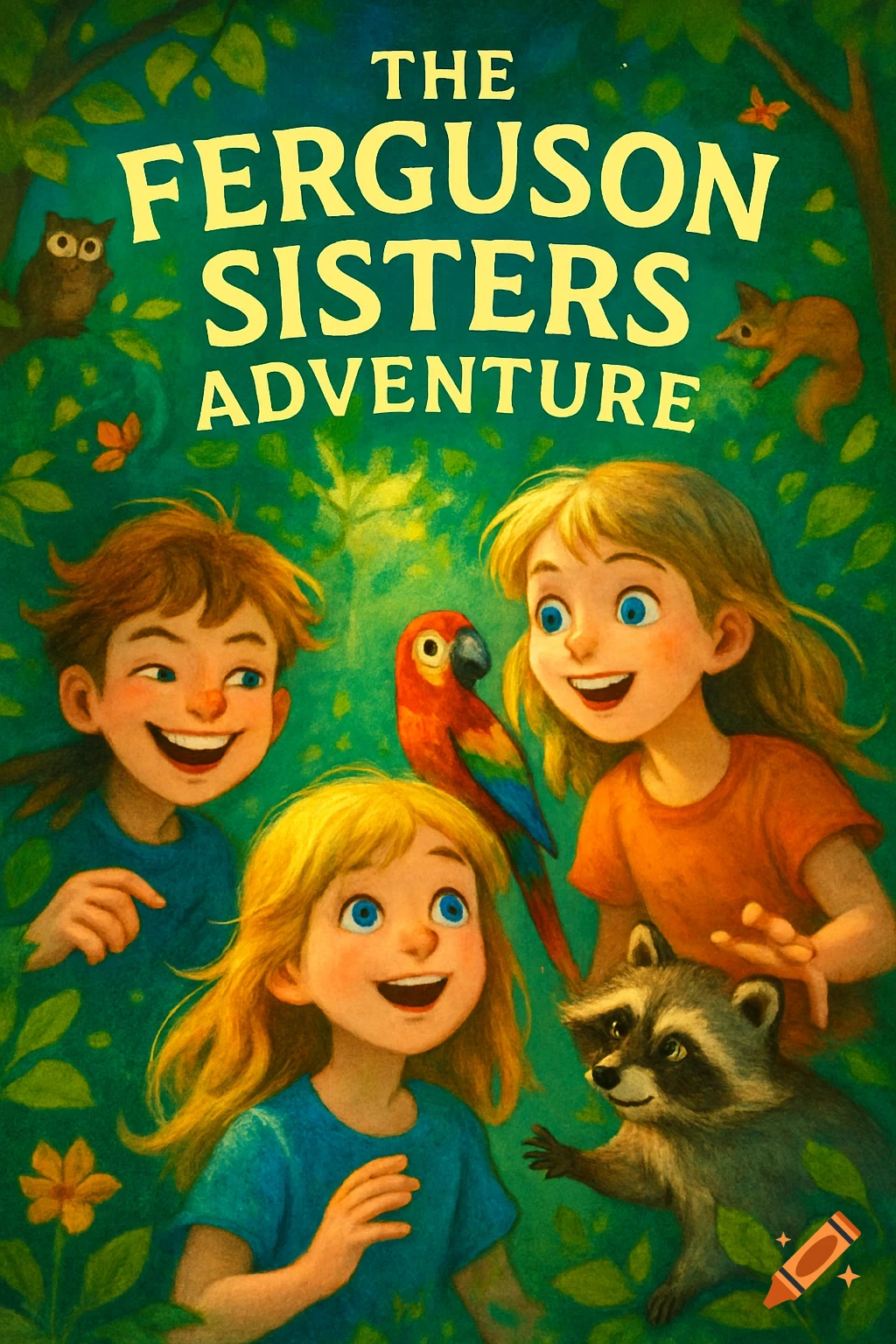 An illustrated ebook cover titled 'The Ferguson Sisters Adventure' with three smiling children, a parrot, raccoon, owl, and squirrel in a green forest.