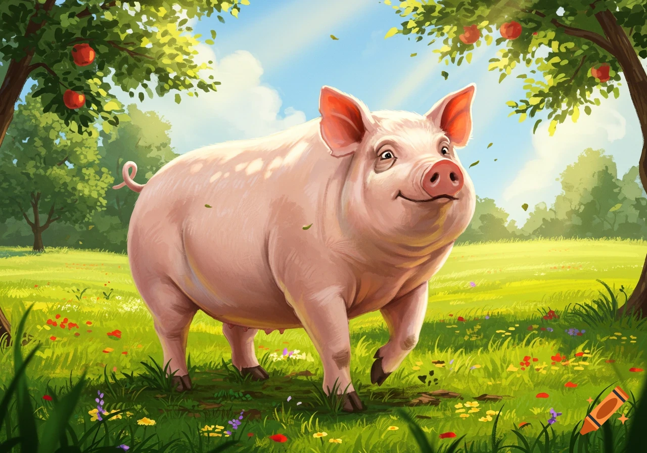 A happy cartoon pig walks through a vibrant green field filled with wildflowers, under a blue sky, with apple trees on either side.