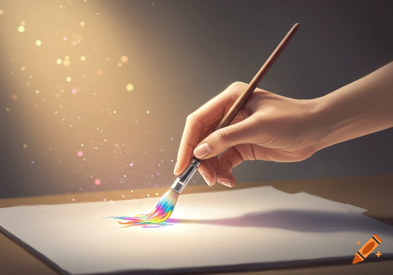 A hand holding a paintbrush creates a rainbow-colored stroke on white paper, surrounded by sparkling light.