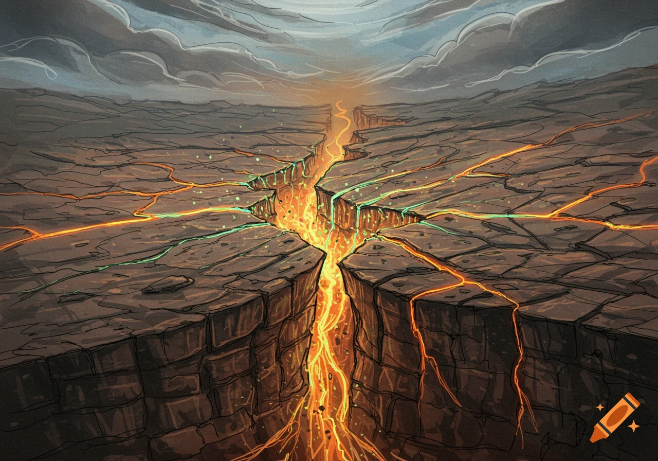 A cracked, dry landscape with a large chasm revealing glowing orange lava and smaller cracks with green light under a cloudy sky.