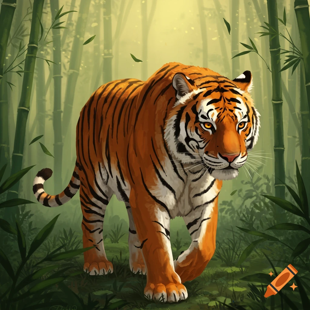 An orange and black striped tiger with yellow eyes walks through a dense green bamboo forest in an illustrative style.