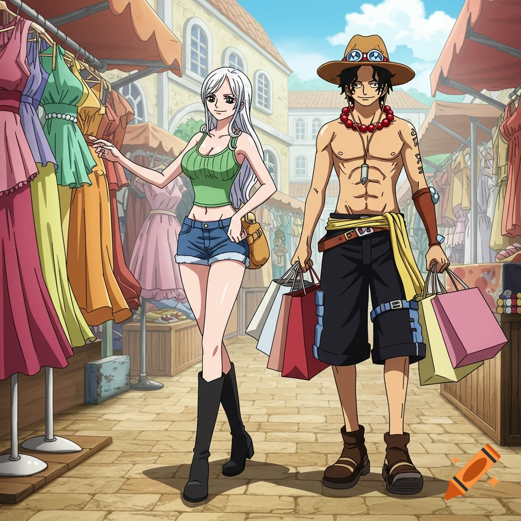 Anime art of a white-haired woman in a green tank top and shorts, and Portgas D. Ace, shopping in an outdoor market, with Ace carrying bags.