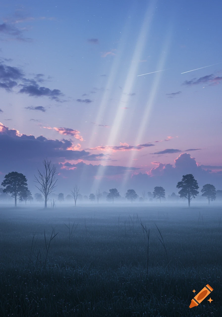 Misty field with trees under a purple and blue sky with light rays breaking through.