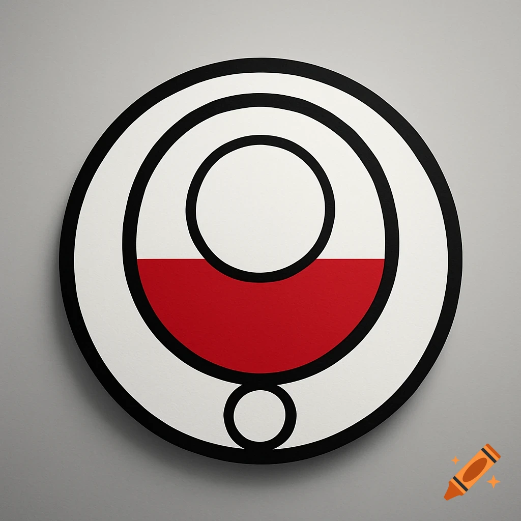 A black-edged circular emblem, horizontally split white over red like the Polish flag, with two smaller white circles.