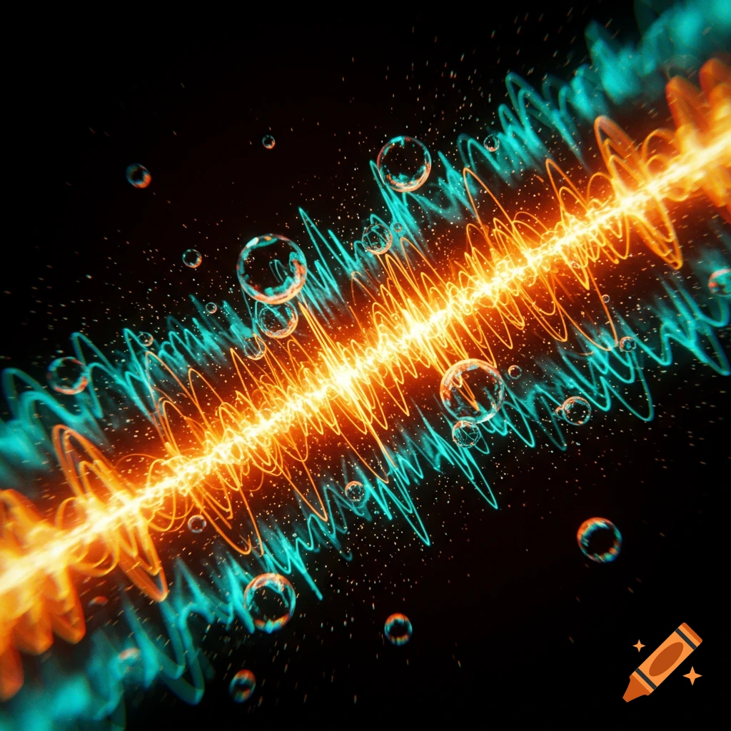 A vibrant, energetic waveform of glowing orange and teal light, with bubbles and particles, against a dark background.