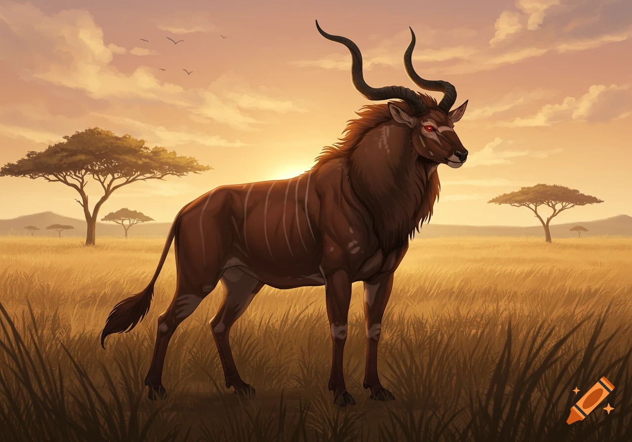 A stylized brown antelope-like creature with large horns and red eyes stands in a golden savanna at sunset.