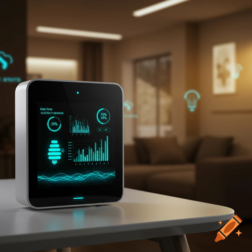 A smart home device displays real-time electricity savings with graphs and percentages on a screen in a modern living room.