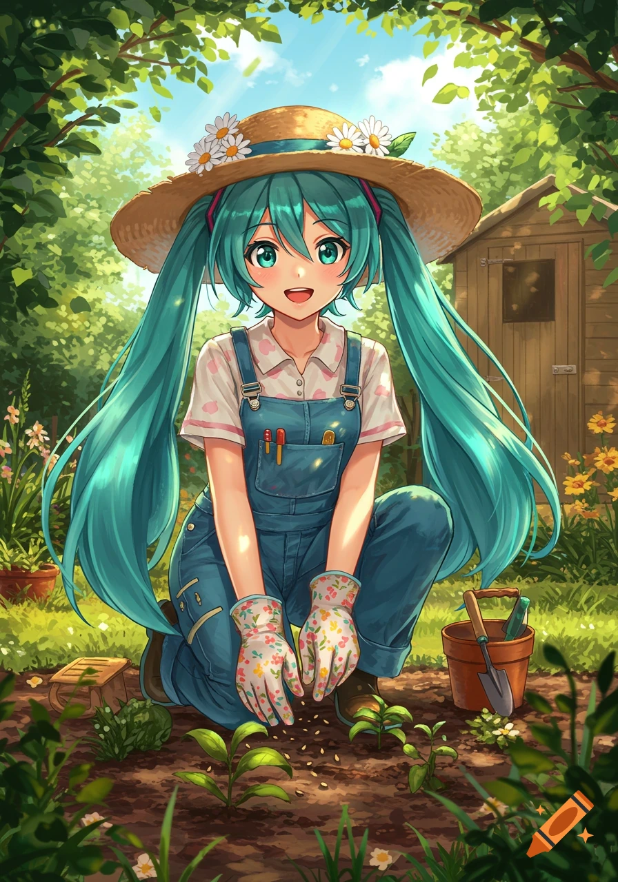 Anime girl Hatsune Miku in overalls and a straw hat, kneeling in a sunny garden and planting seeds.
