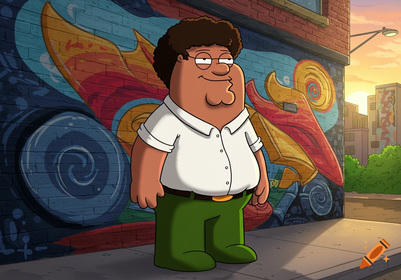 A cartoon character resembling Peter Griffin with dark skin and curly hair stands in front of a vibrant graffiti wall in an urban setting.
