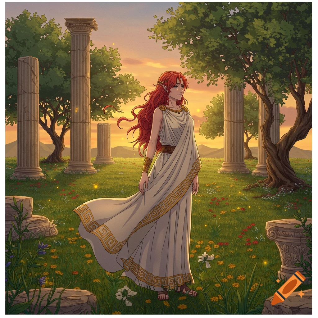 Red-haired woman in white Greek chiton stands in a field with ancient columns and trees under a sunset sky, anime style.