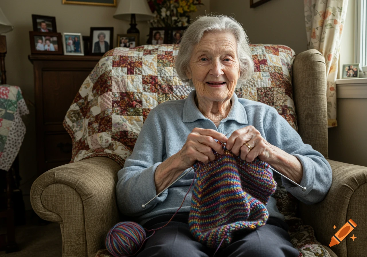A smiling elderly woman with grey hair sits in an armchair, knitting a colorful yarn project.