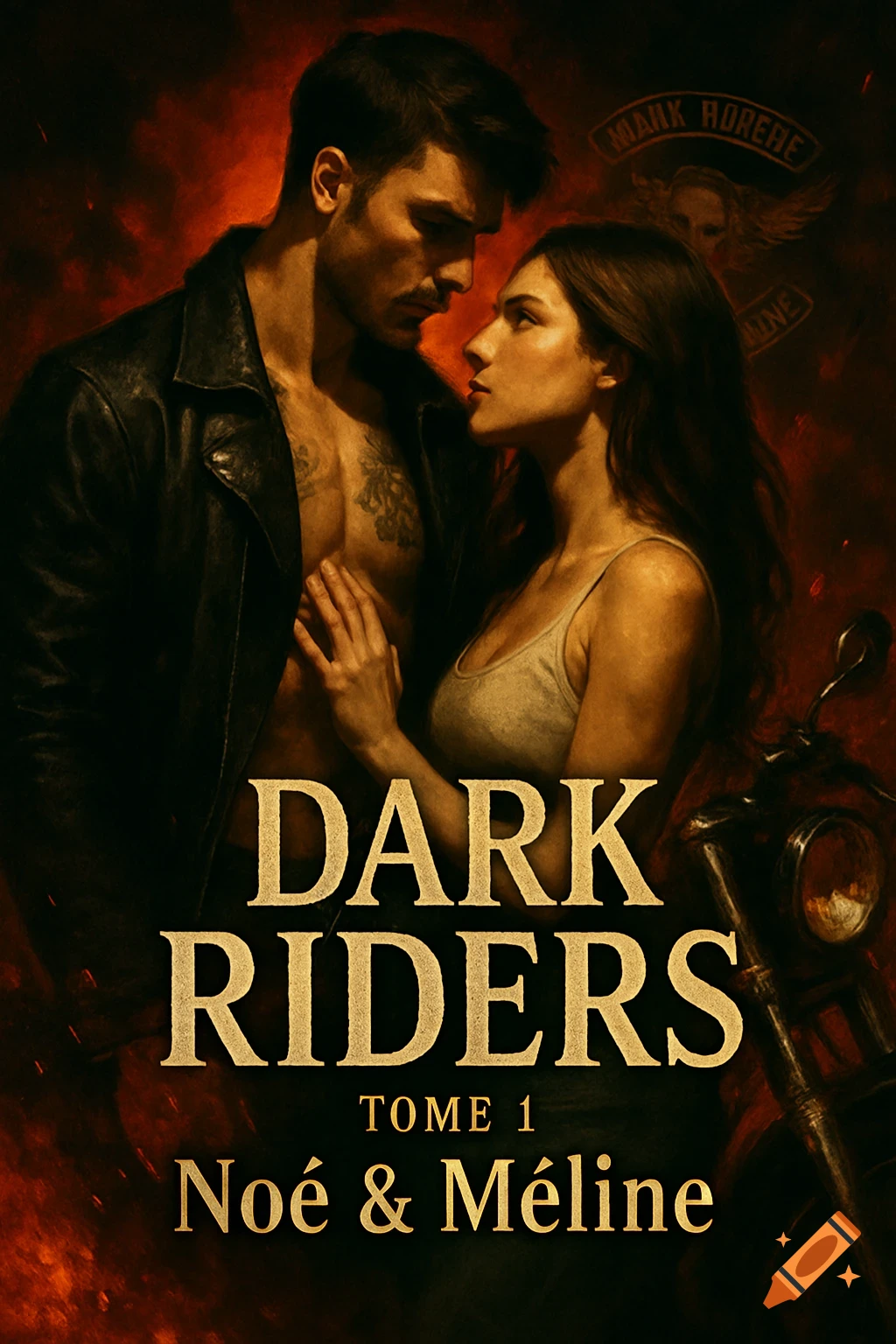An intense, dark romance book cover featuring a shirtless man in a leather jacket and a woman in a tank top, gazing at each other. Text: DARK RIDERS Tome 1 Noé & Méline. A motorcycle and a biker patch are in the background.