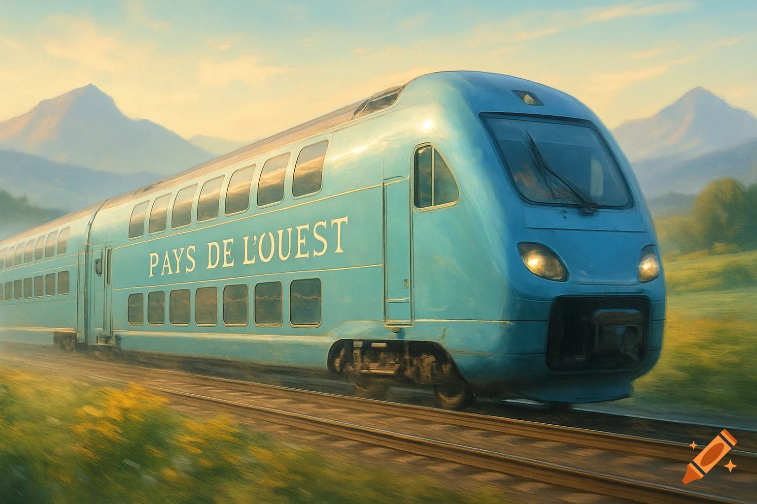 A blue double-decker train with "PAYS DE L'OUEST" written on its side travels through a grassy landscape with mountains under a soft sky, in a painterly style.