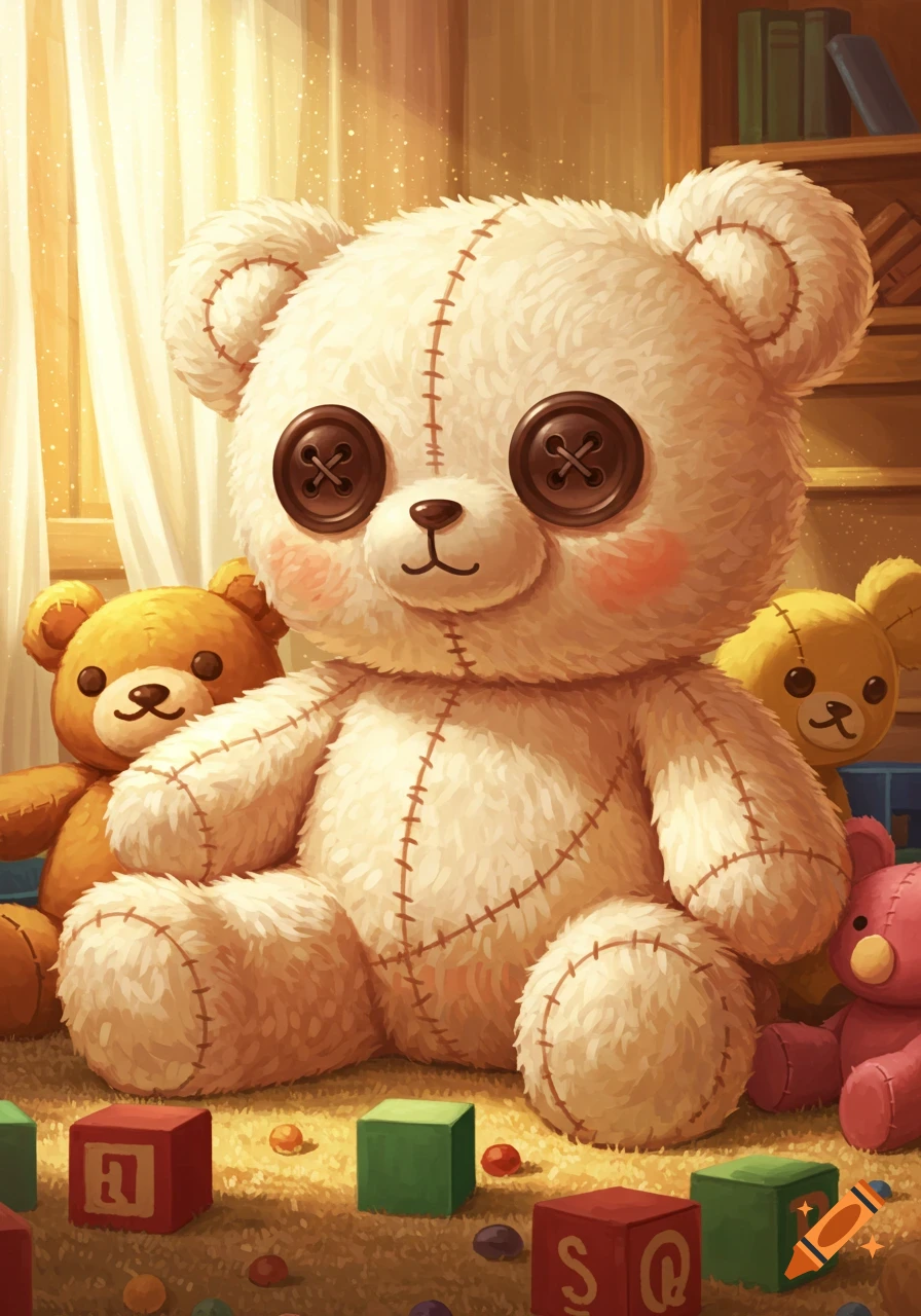 A large, fluffy white teddy bear with button eyes sits amongst other colorful plush toys and building blocks on a carpet, in a warm, inviting room.