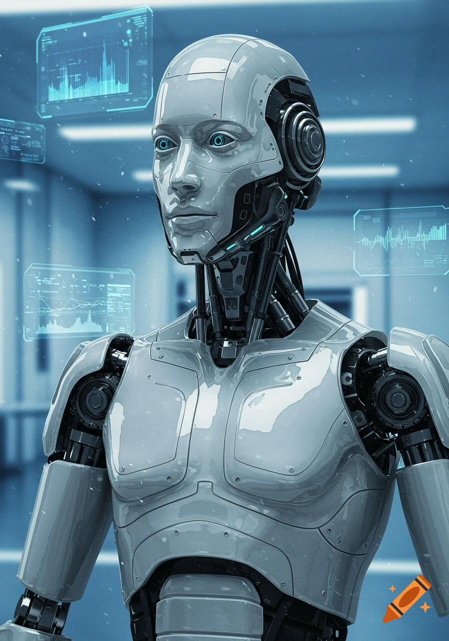 Close-up of a metallic AI robot with glowing blue eyes, futuristic lab background with holographic data displays.