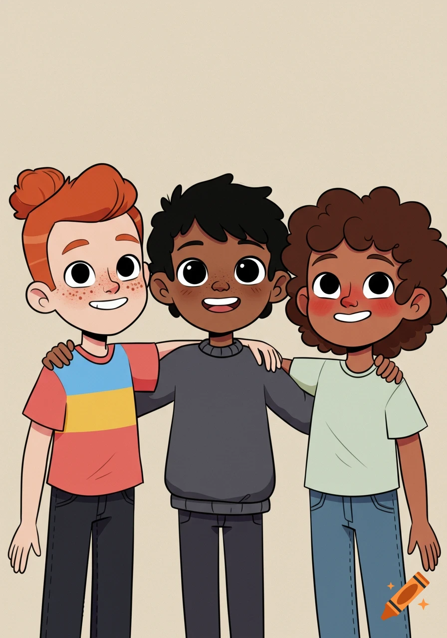 Three diverse cartoon children, smiling and embracing, stand together against a plain background in a friendly pose.