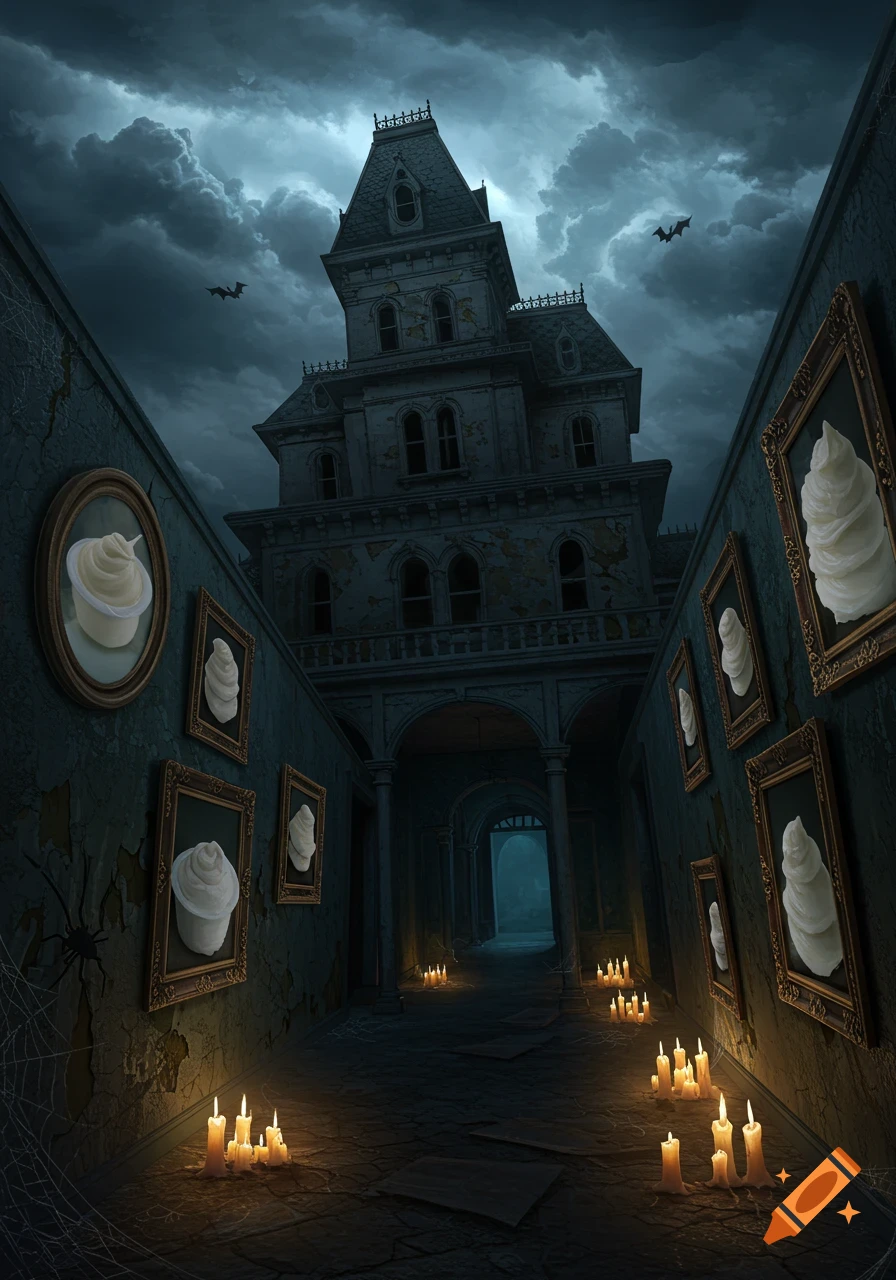 A spooky haunted house at night under a stormy sky, seen from a dark corridor lined with candles and framed pictures of yogurt.