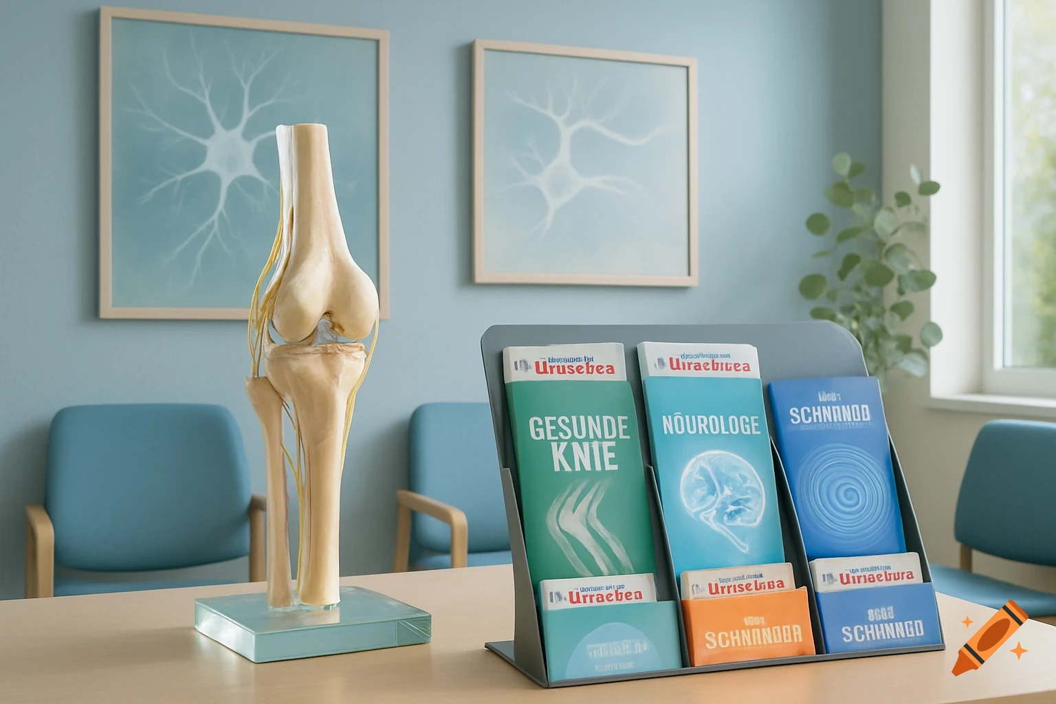 A close-up shot of a human knee anatomical model and a display stand with medical brochures in a clinic waiting room.