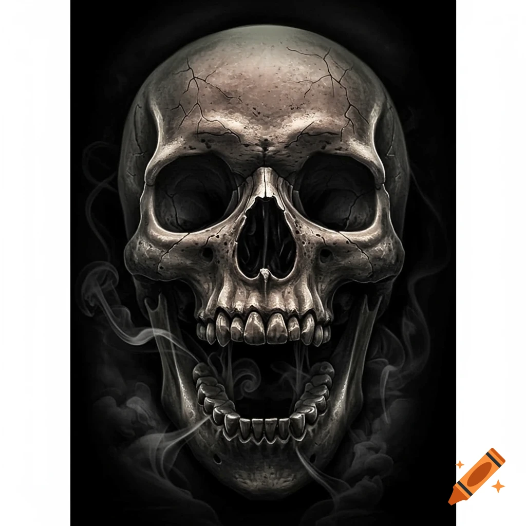 Detailed, cracked skull with an open jaw and swirling smoke on a black background, stylized.