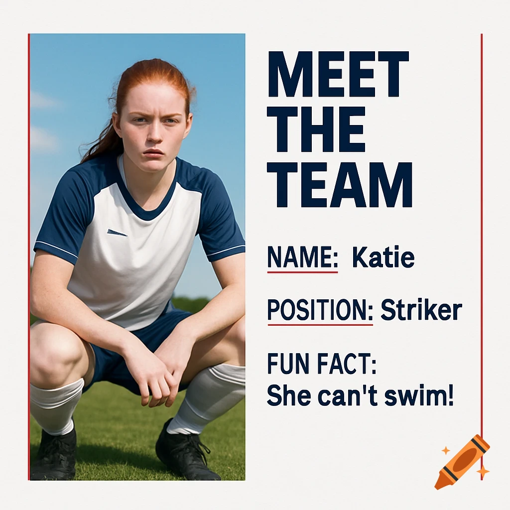 Graphic: Red-haired female soccer player Katie in uniform, squatting on a field. Text: Meet the Team, Name: Katie, Position: Striker, Fun Fact: She can't swim!
