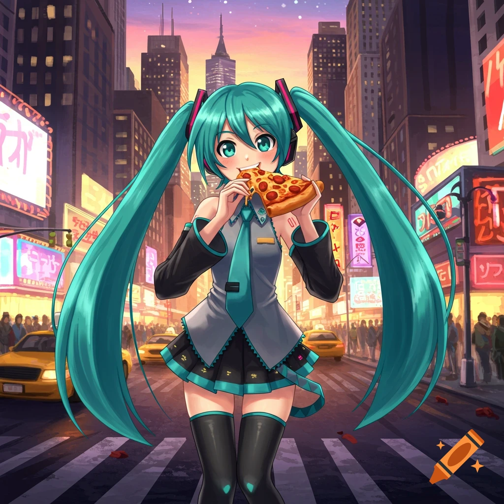 Hatsune Miku in anime style eating a slice of pepperoni pizza on a city street with tall buildings and yellow taxis.
