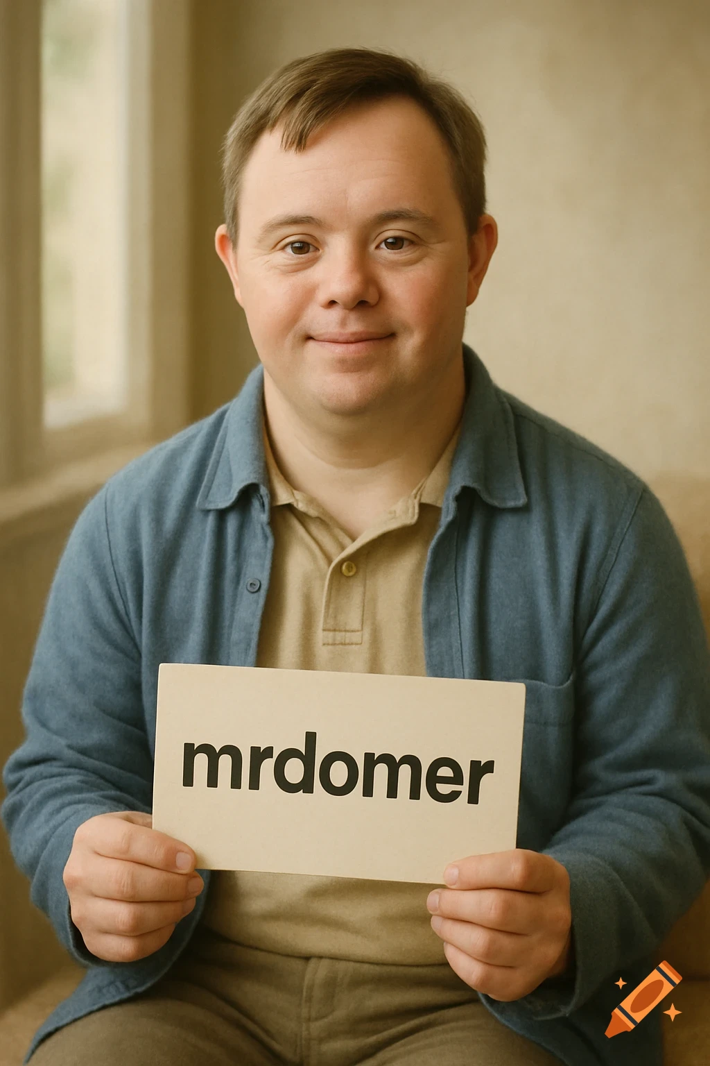 A photorealistic portrait of a smiling man with Down syndrome in a blue shirt holding a sign that says 'mrdomer'.