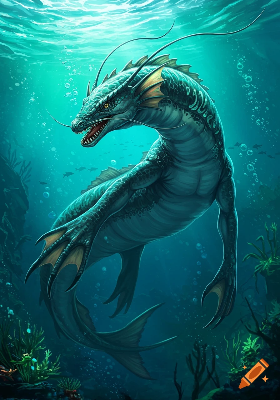 A vibrant turquoise-green serpentine sea creature with sharp teeth, scales, and clawed webbed hands swims in deep blue water.