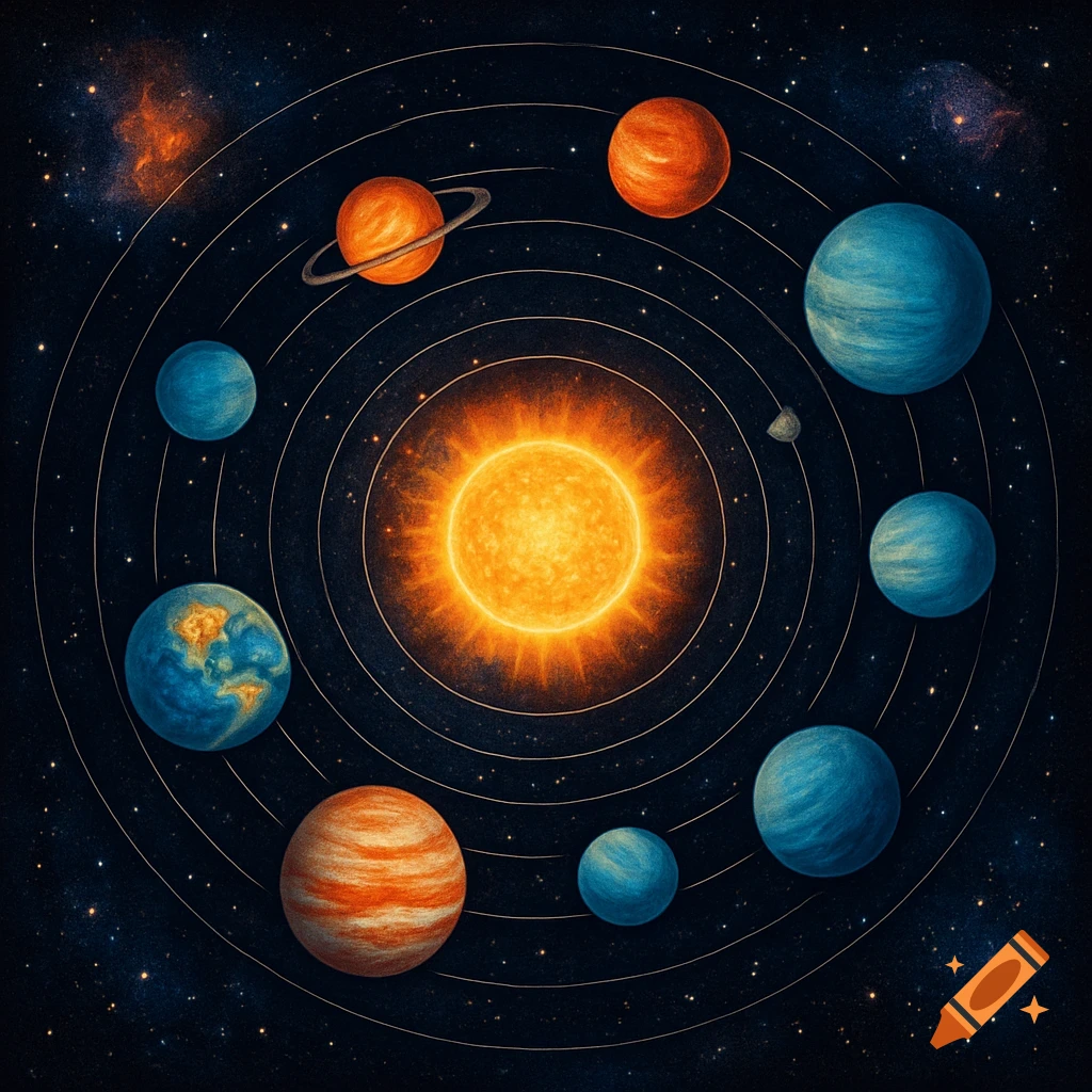 A stylized top-down diagram of a solar system with a bright sun, orbiting planets including Earth and a ringed planet, against a starry cosmos.