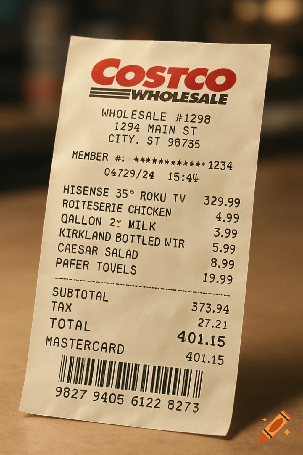 A close-up, angled shot of a white Costco Wholesale receipt listing purchases like a Hisense 35-degree Roku TV, chicken, milk, water, salad, and paper towels, totaling 401.15.