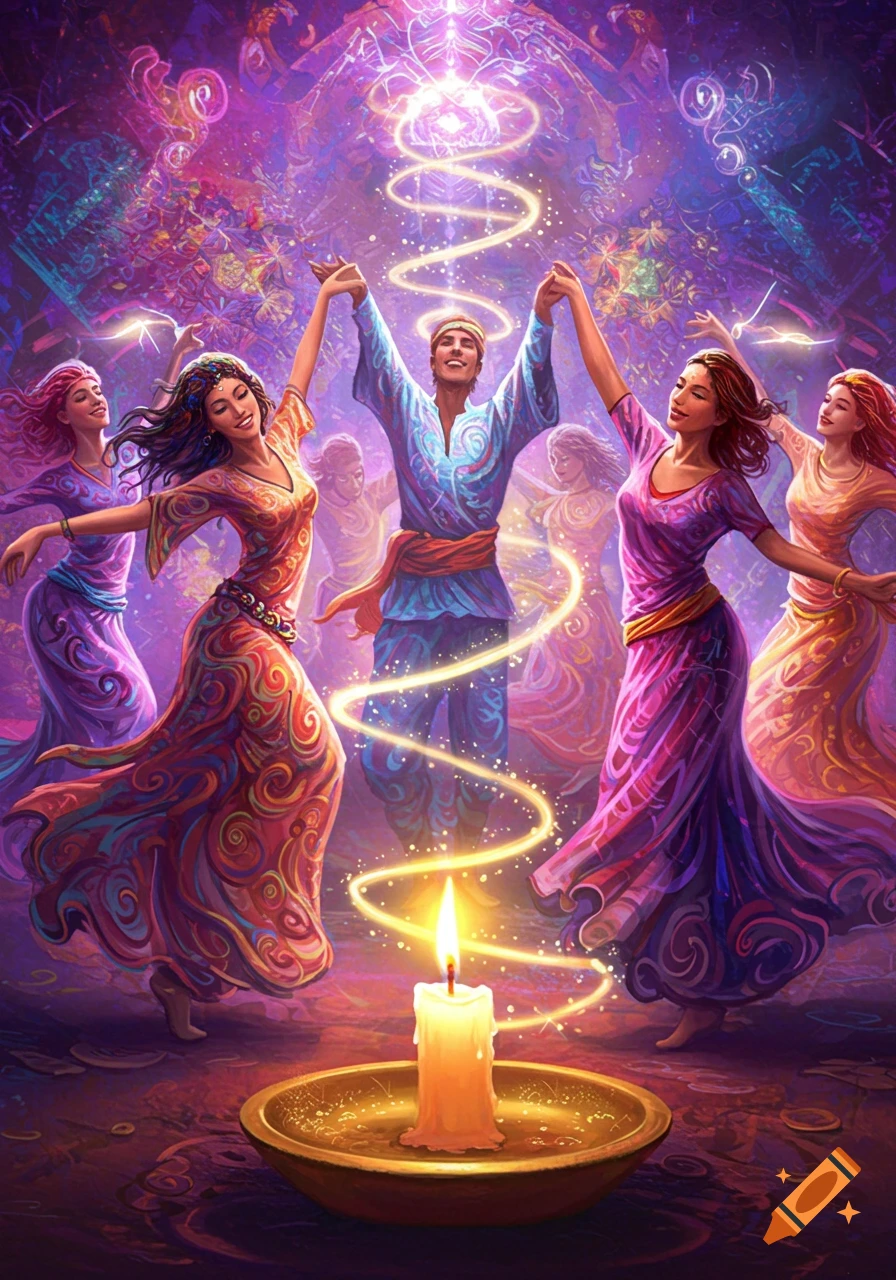 Vibrant psychedelic art illustration of people dancing with a lit candle, glowing light, and swirling patterns.