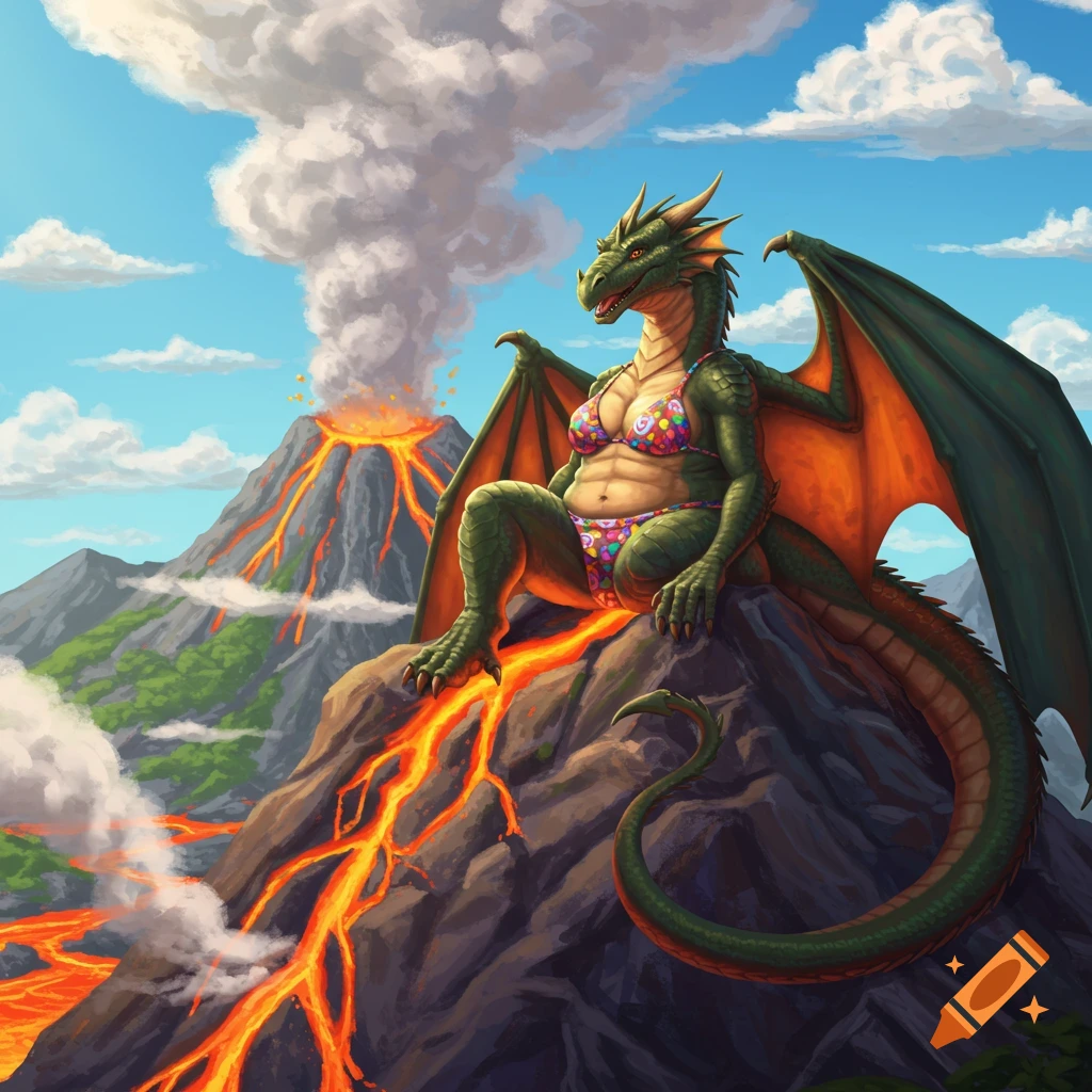 A green dragon in a colorful bikini sits on a rocky volcano with flowing lava under a blue sky.