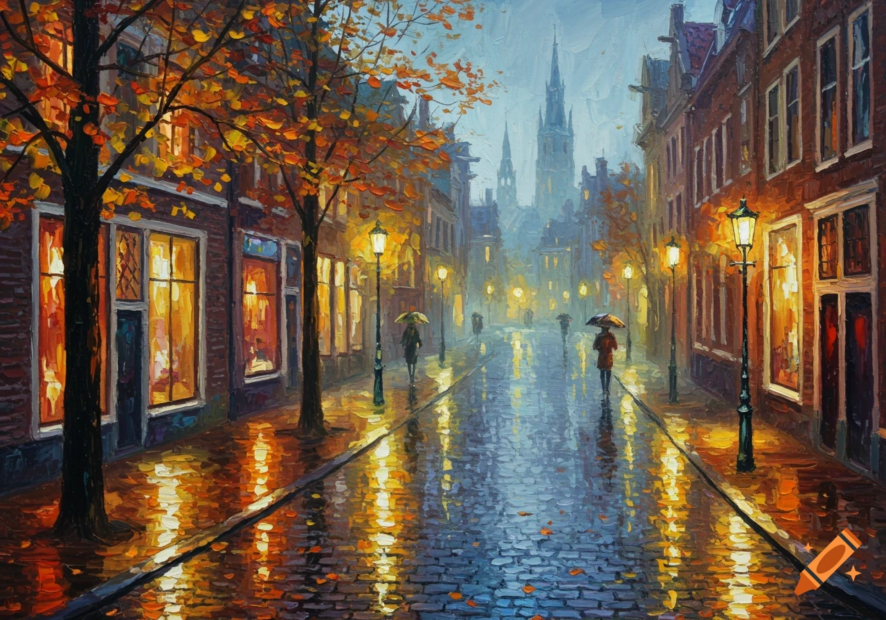 Impressionistic painting of a rainy autumn city street with lamplit buildings, trees with orange leaves, and people under umbrellas.