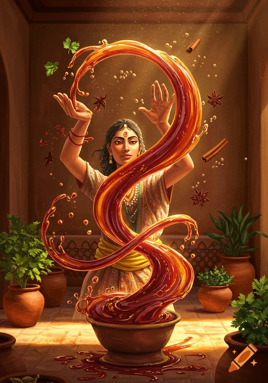 A woman in traditional Indian attire magically manipulates a swirling stream of red chutney, with spices and plants in a warm room.