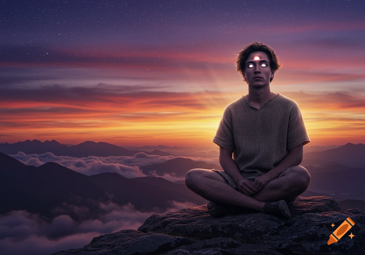 A young man with glowing white eyes and a red third eye meditates on a mountain top at sunset, overlooking a cloudy landscape.