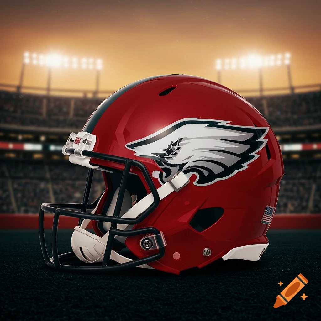 A red American football helmet with white wings and a black facemask sits on a dark field in a stadium, with bright lights in the background.