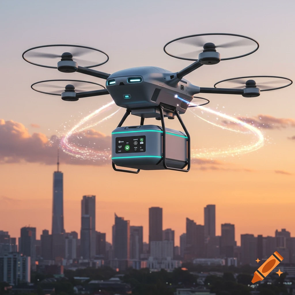 A grey delivery drone with a package attached flies over a city skyline at sunset, leaving glowing trails.