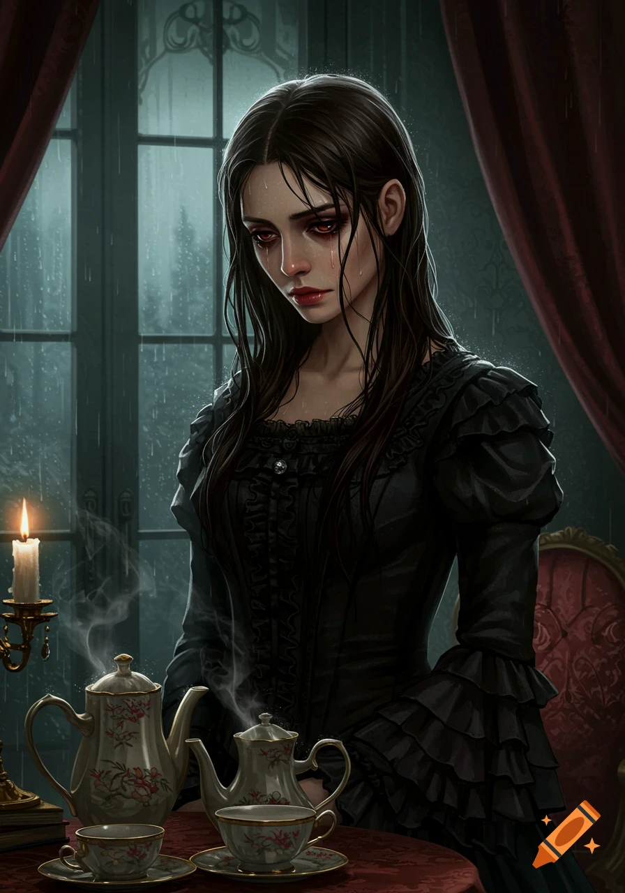A melancholy Victorian lady with wet brown hair and red eyes in a black dress, sitting by a rainy window with a tea set.