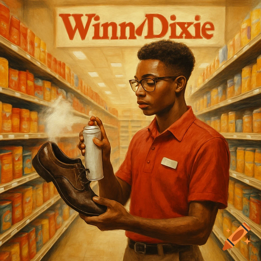 A young Black man wearing glasses and a red polo shirt sprays a brown shoe with a silver can in a grocery store aisle with a "Winn Dixie" sign above.
