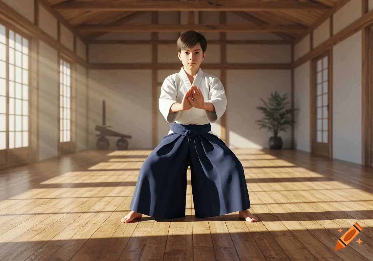 A young boy in a white gi and dark blue hakama stands in a martial arts stance in a sunlit dojo.