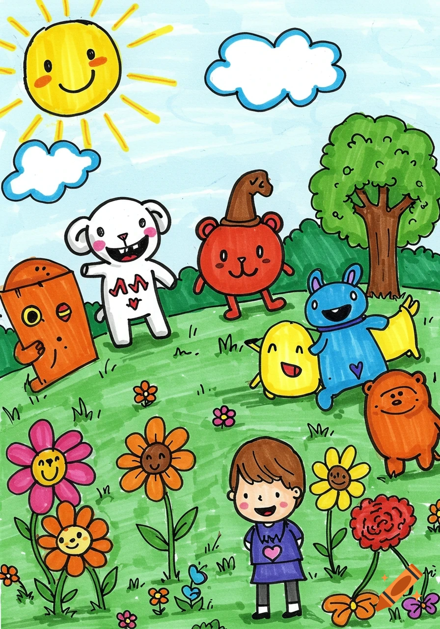 A colorful children's marker doodle featuring smiling cartoon characters, a boy, sun, clouds, trees, and flowers in a grassy field.