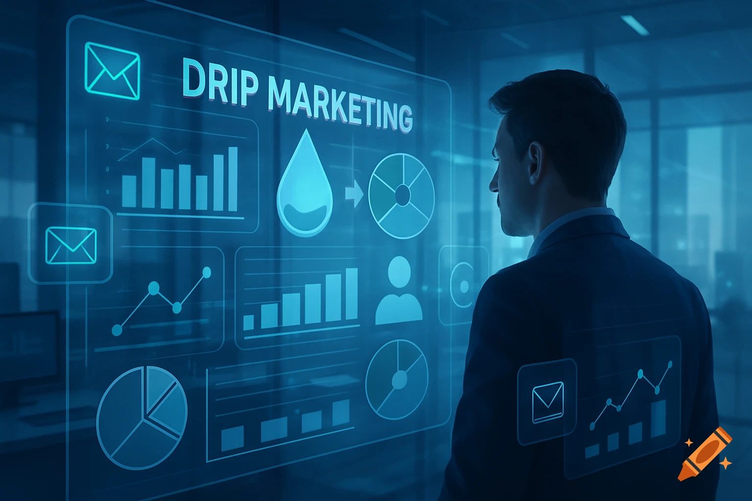Man in a suit viewing a holographic display with 'Drip Marketing' text, charts, and icons in a blue-toned modern office.