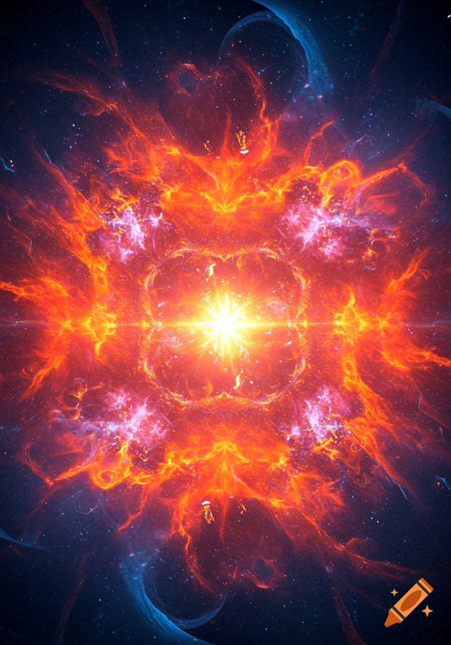 A vibrant, psychedelic abstract image of an orange and red cosmic explosion with a bright central star, against a dark starry background.