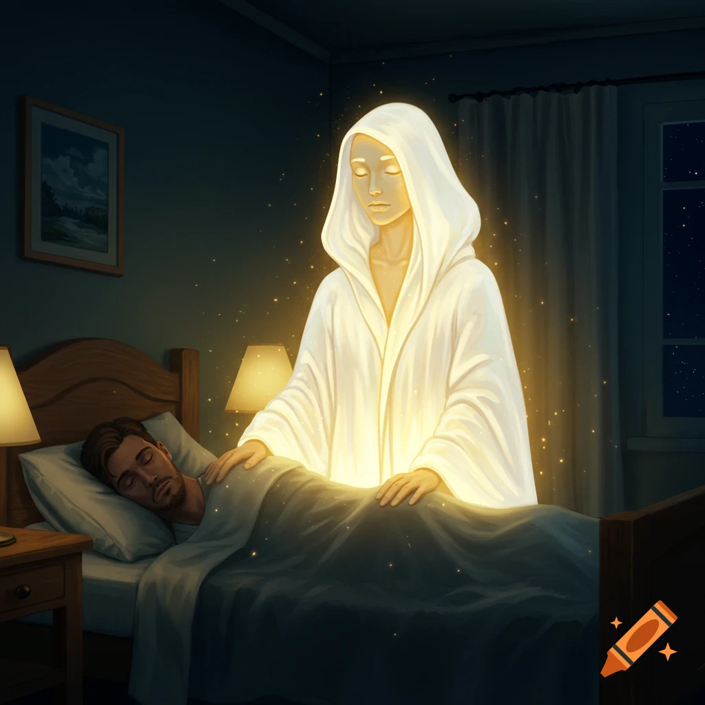 A man sleeps in a dark bedroom as a glowing, hooded figure with closed eyes stands protectively over his bed, emitting golden light.