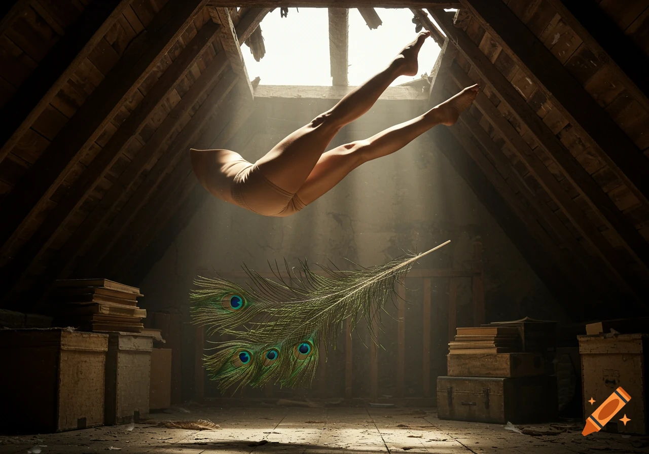 A woman's bare legs and lower torso dangle from a ceiling hole in a dusty attic. Light rays illuminate a large peacock feather floating below them.