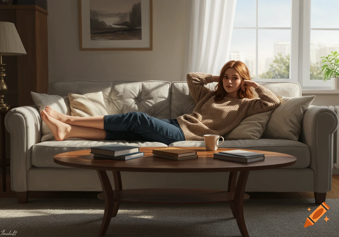 A photorealistic depiction of a young woman lounging on a couch with her feet on a coffee table, books and a mug nearby, in a sunlit room.