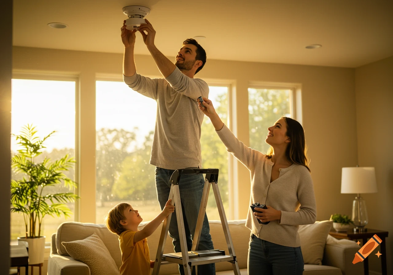 A family installs a smoke detector in a bright living room, with the father on a ladder and the mother and son assisting.
