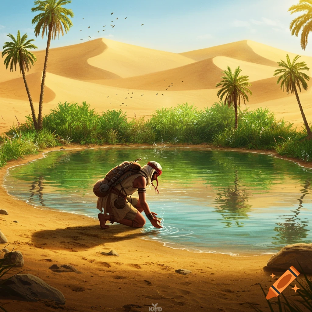 A traveler kneels to drink water from a green oasis surrounded by palm trees and sand dunes in a vibrant desert illustration.